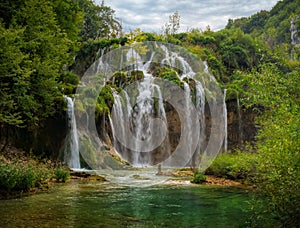 Summer view of beautiful waterfalls in Plitvice Lakes National Park