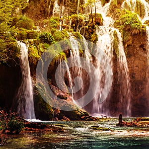 Summer view of beautiful waterfalls in Plitvice Lakes National Park