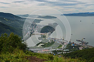 Summer view the center of Petropavlovsk-Kamchatsky and Avacha Bay. View from Mishennaya hills.