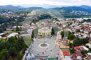 Summer view of the city of Kutaisi, Georgia. David Agmashenebeli Square, Theater named after Lado Meskhishvili and old photo