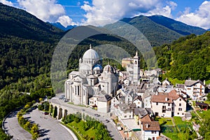 Summer view from drone of alpine township of Re, Piedmont, Italy