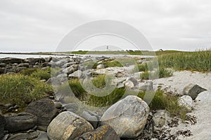 Summer view with grass bolders on a sandy beach with a cloudy sky on Godøy island, Møre og Romsdal