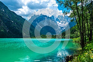 Summer view of Landro Lago, Cime di Lavaredo, Drei Zinnen, Dolomites, Italy.