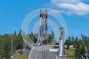 Summer view of the large ski jumping facility in Falun Sweden