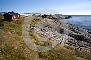 Summer view of Lofoten Islands with Rorbu house