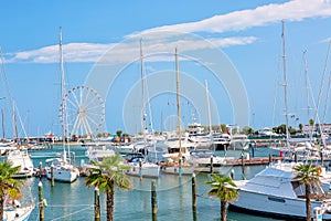 Summer view of pier with ships, yachts and other boats with ferris wheel in Rimini, Italy photo
