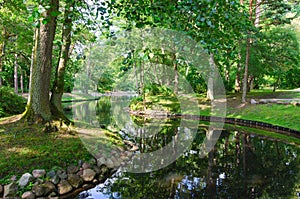 Summer view of pond in Palanga Botanical Park, Lithuania