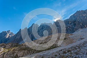 Summer view of rocky ridges of Cima Undici Mountain in Comelico region