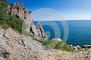 Summer view seacoast. Sudak beach. Black Sea, Ukraine