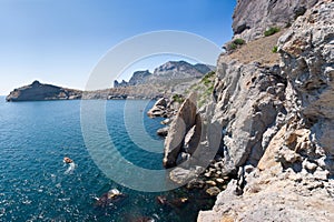 Summer view seacoast. Sudak beach. Black Sea, Ukraine