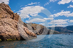 Summer view seacoast. Sudak beach. Black Sea, Ukraine