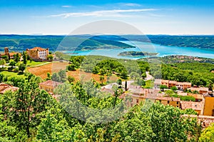 Summer view of the small town by the lake.