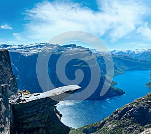 The summer view of Trolltunga The Troll`s tongue in Odda, Ringedalsvatnet lake, Norway