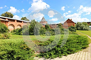 Summer view of wall and tower of Zaraysk Kremlin, Moscow Region, Russia from the courtyard