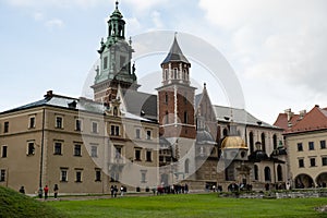 Summer view of Wawel Royal Castle in Krakow, Poland. Historical place in Poland. Flowers on foreground. Beautiful