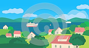 Summer village river landscape flat color vector