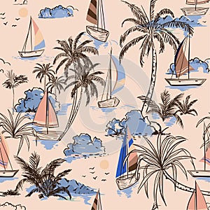 Summer Vintage Beautiful seamless pattern island with boat and w