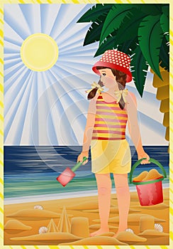 Summer vintage card, cute little girl  building sand castles on the beach, vector