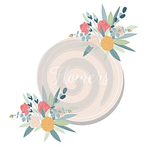 Summer Vintage Floral Greeting Card with Blooming garden flowers. Design banner with spring is here logo.