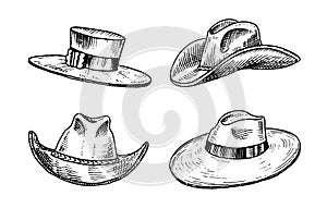 Summer vintage Hats collection for elegant men. Fedora Derby Deerstalker Homburg Bowler Straw Beret Captain Cowboy