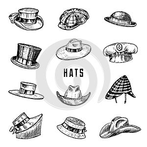 Summer vintage Hats collection for elegant men,woman, female and ladies. Fedora Derby Deerstalker Homburg Bowler Straw photo
