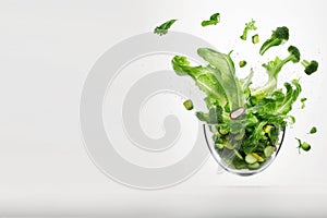 Summer vitamin salad of green lettuce leaves and various vegetables flying in the air on a white background