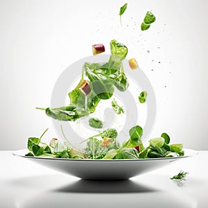 Summer vitamin salad of green lettuce leaves and various vegetables flying in the air on a white background