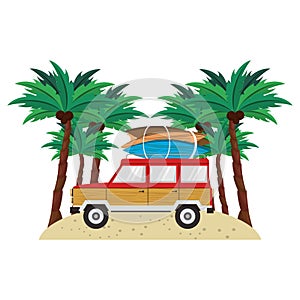 Summer vitnage van with surf tables in the beach cartoon
