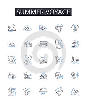 Summer voyage line icons collection. Beach excursion, Winter retreat, Mountain expedition, Tropical escape, City