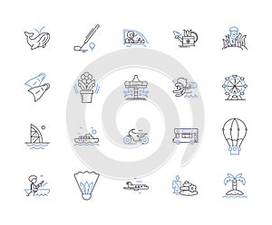 Summer voyage outline icons collection. Voyage, Summer, Tour, Trip, Cruise, Journey, Jaunt vector and illustration