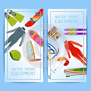 Summer water beach sea sports banners activities vector illustration. Active people watersport windsurfing, surfing, jet