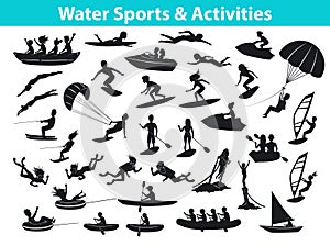 Summer water beach sports, activities SIlhouette set.