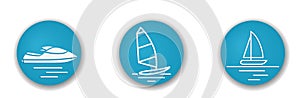 summer water beach sports round icons. windsurfing, sailing yacht and jet ski symbols. tourism and vacation design