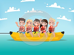 Summer water fun. Children ride on a banana boat. Vector illustr