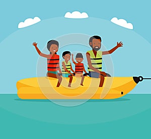 Summer water fun. Family riding a water banana boat. Active travel concept. Cartoon flat style illustration. African