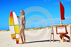 Summer Water Sports. Beach Vacation. Surfing. Woman In Bikini
