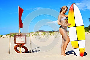 Summer Water Sports. Beach Vacation. Surfing. Woman In Bikini