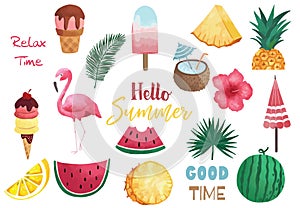 Summer watercolor collection with watermelon,lemon,flamingo and ice creame.Vector illustration for icon,logo,sticker,printable,