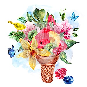 Summer watercolor greeting card with a fruity cocktail