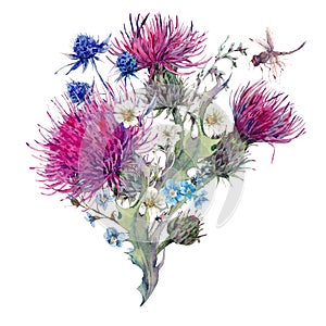 Summer watercolor greeting card with wild flowers, thistles, dan