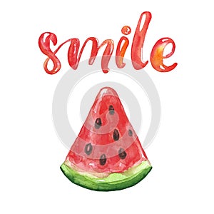 Summer watercolor illustration with ripe watermelon on white background and hand lettering text. Tropical fruit