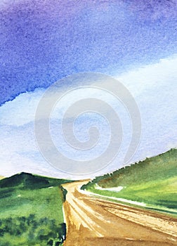 Summer watercolor landscape of empty country road among hilly green valley. Bright blue sky with fluffy white clouds. Hand drawn