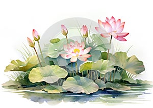 Summer watercolor painting green leaf lotus pink nature art background blossom water flower