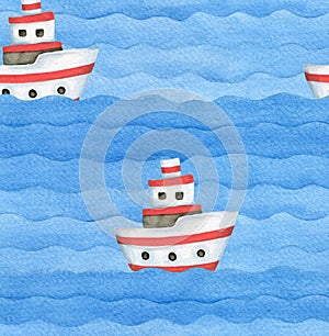 Summer Watercolor Sea Travel Ship Seamless Pattern