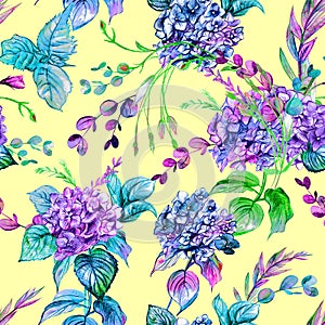 Summer watercolor seamless pattern with bright hydrangeas on a yellow background