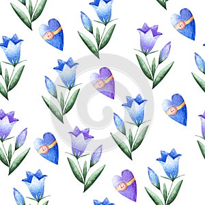 Summer watercolor seamless pattern with lots of blue and purple bluebells flowers and little heart shaped