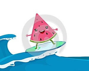 Summer watermelon surf. Funny surfing, happy cartoon fruit swimming on waves vector illustration