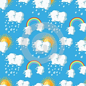 Summer weather seamless pattern with sun, clouds, rain and rainbow on blue sky backgrounds.