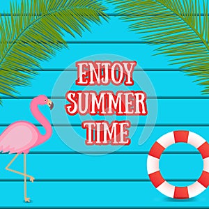 Summer web banner on dark blue wooden background with flamingo bird