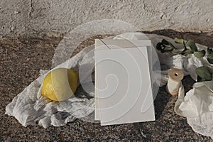 Summer wedding stationery. Blank greeting card invitation mockup in sunlight. Eucalyptus branch, muslin table runner